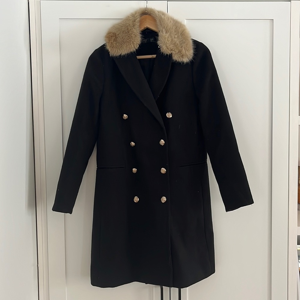 Top shop double breasted pea coat removable faux fur collar